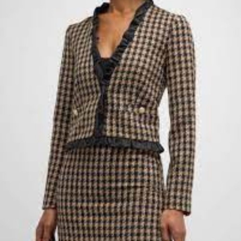 10 Crosby Derek Lam Tweed Checkered Black & Gold Ruffle Blazer size 16